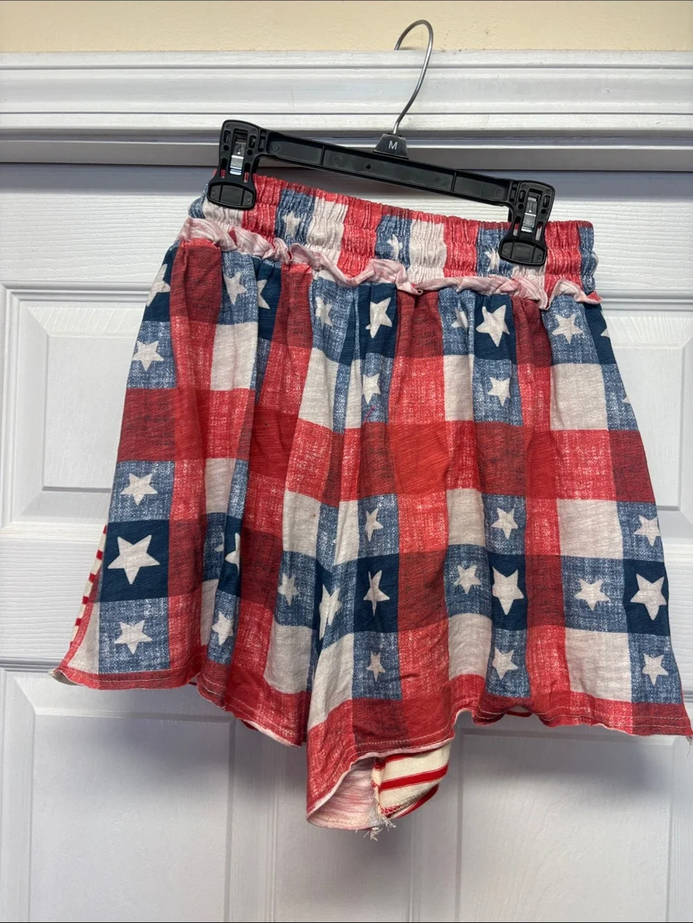Fantastic Fawn Striped Red & Cream Star Patchwork Patriotic Shorts Medium
